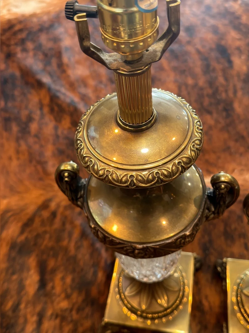 Vintage 1960’s Stiffel Hollywood Regency Brass & Crystal Urn Table Lamps F159